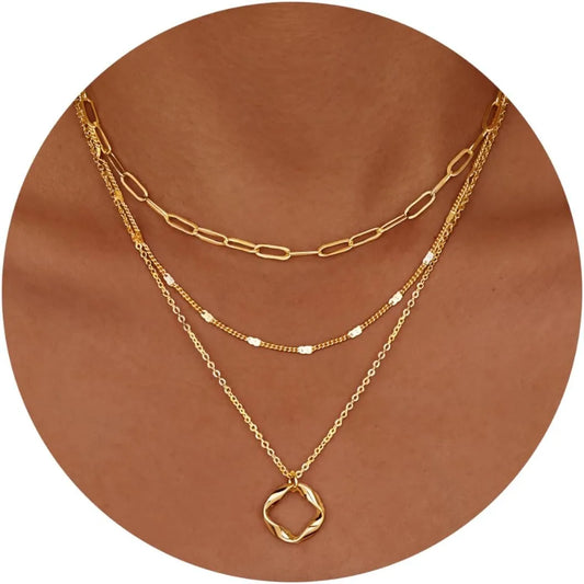 Layered Gold Necklaces Stackable 14K Gold - 925 Sterling Silver Plated Circle Chain Pendant Choker Necklace Set