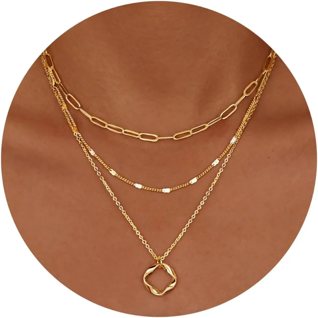 Layered Gold Necklaces Stackable 14K Gold - 925 Sterling Silver Plated Circle Chain Pendant Choker Necklace Set