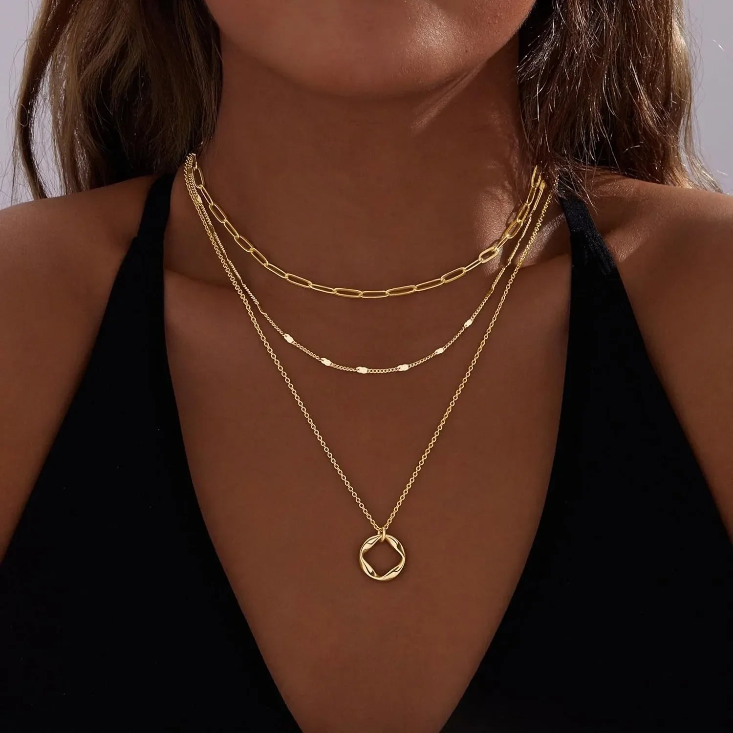 Layered Gold Necklaces Stackable 14K Gold - 925 Sterling Silver Plated Circle Chain Pendant Choker Necklace Set