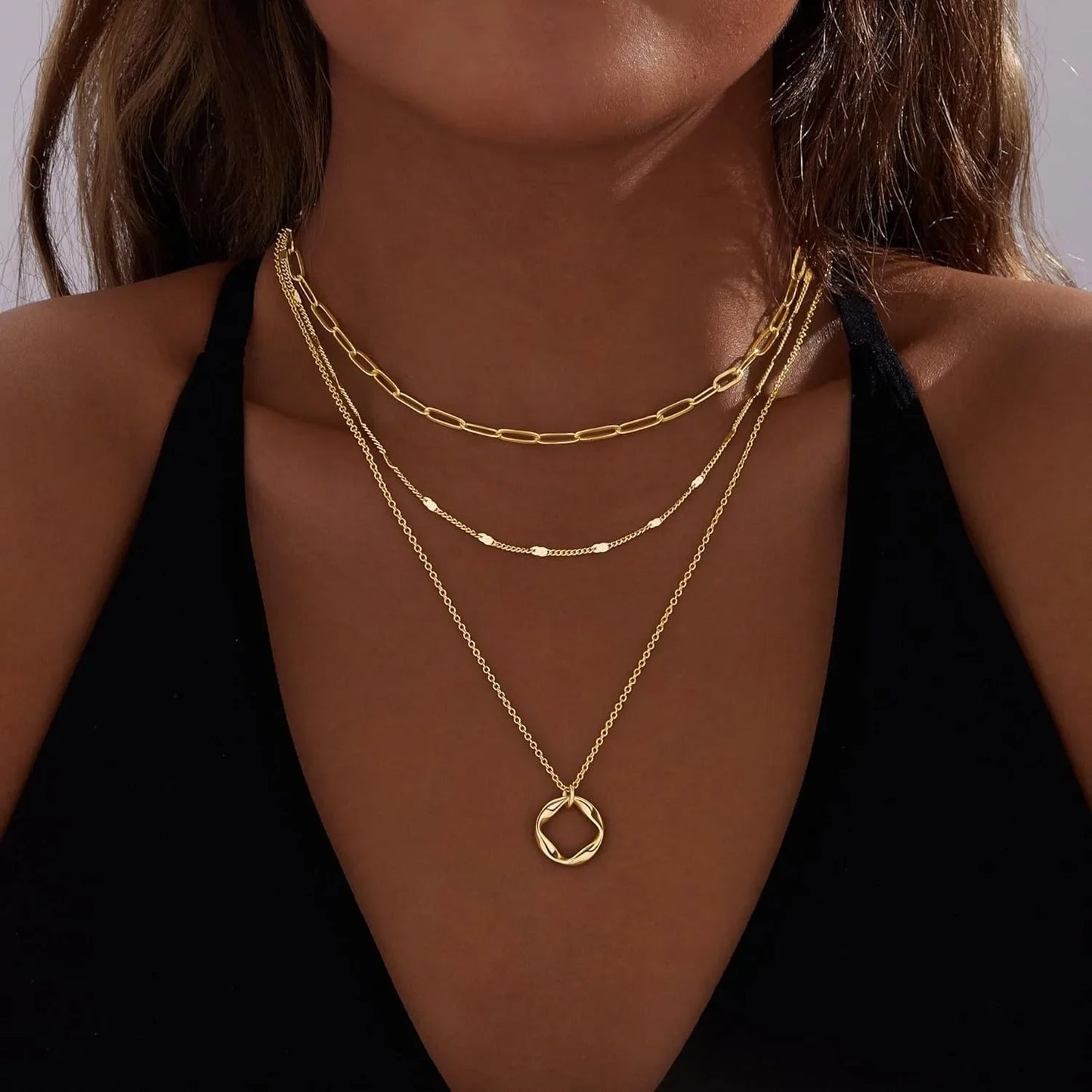 Layered Gold Necklaces Stackable 14K Gold - 925 Sterling Silver Plated Circle Chain Pendant Choker Necklace Set