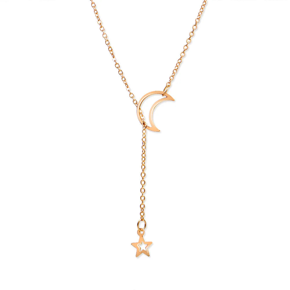 New Simple Moon Star Pendant Choker Necklace Simple Gold Color Alloy Charm Chain Necklace
