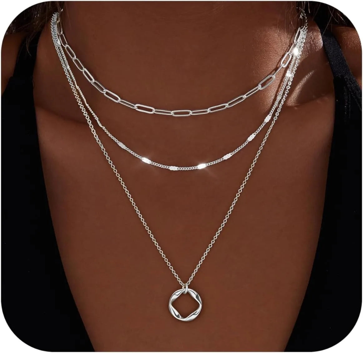 Layered Gold Necklaces Stackable 14K Gold - 925 Sterling Silver Plated Circle Chain Pendant Choker Necklace Set