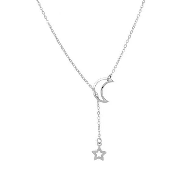 New Simple Moon Star Pendant Choker Necklace Simple Gold Color Alloy Charm Chain Necklace